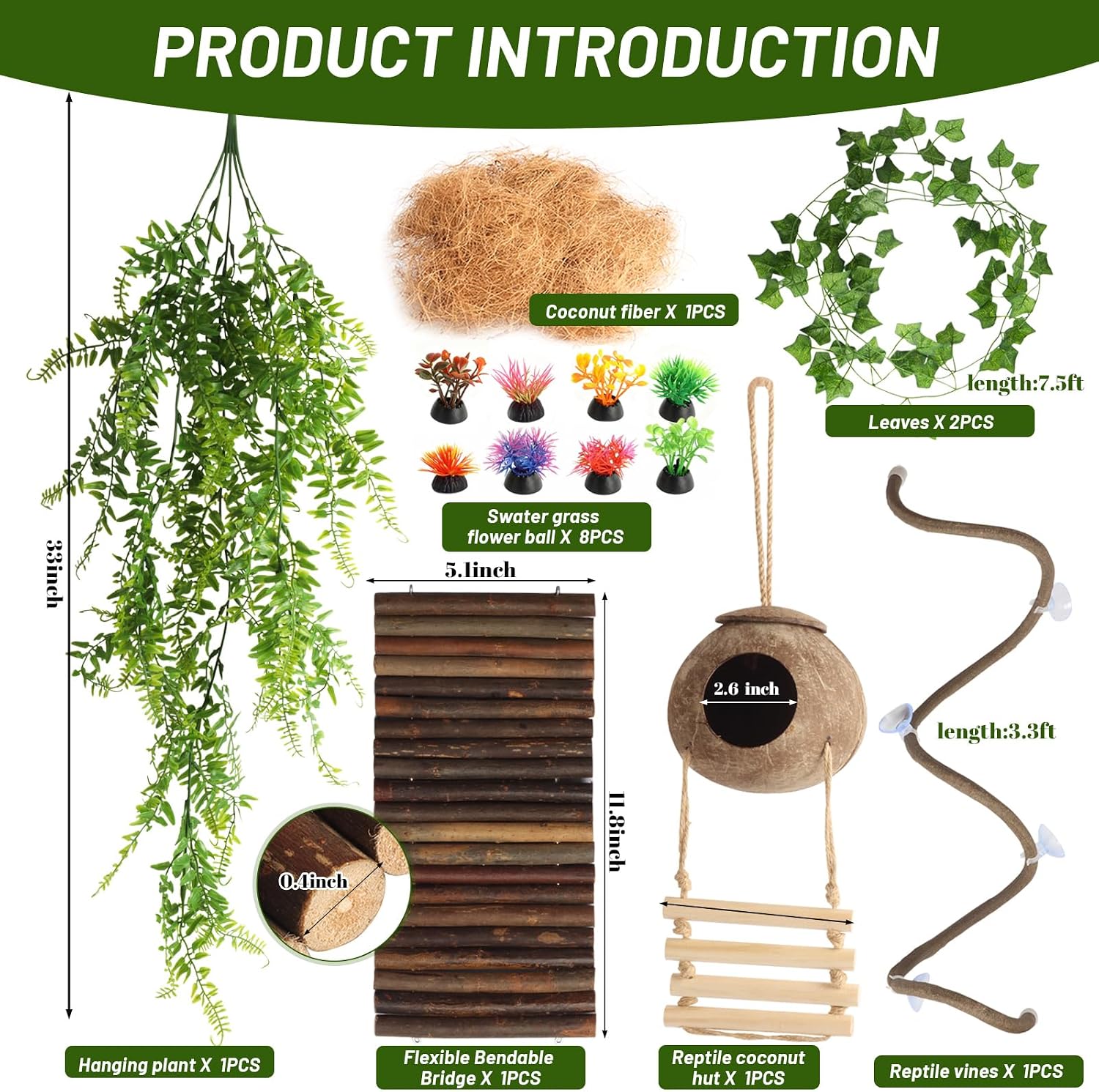 14Pcs Reptile Plants Bridge Vines Leopard Gecko Coconut Hut Crested Gecko Tank Accessories Lizard Coco Den with Ladder for Lizard, Chameleon Cage, Snakes, Hermit Crab - Image 2