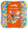 Welly First Aid Kit 130 count yellow adventure tin front view showing imported first aid supplies.