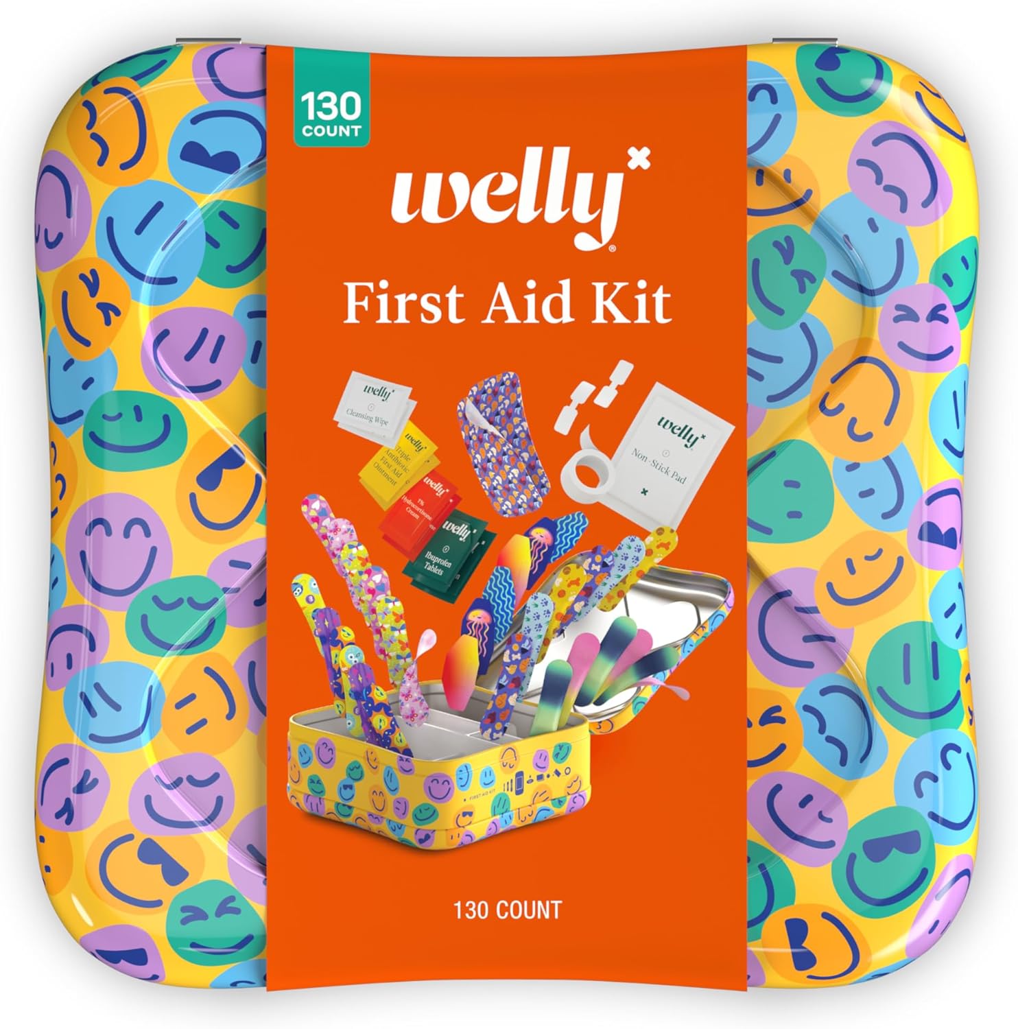 Welly First Aid Kit 130 count yellow adventure tin front view showing imported first aid supplies.