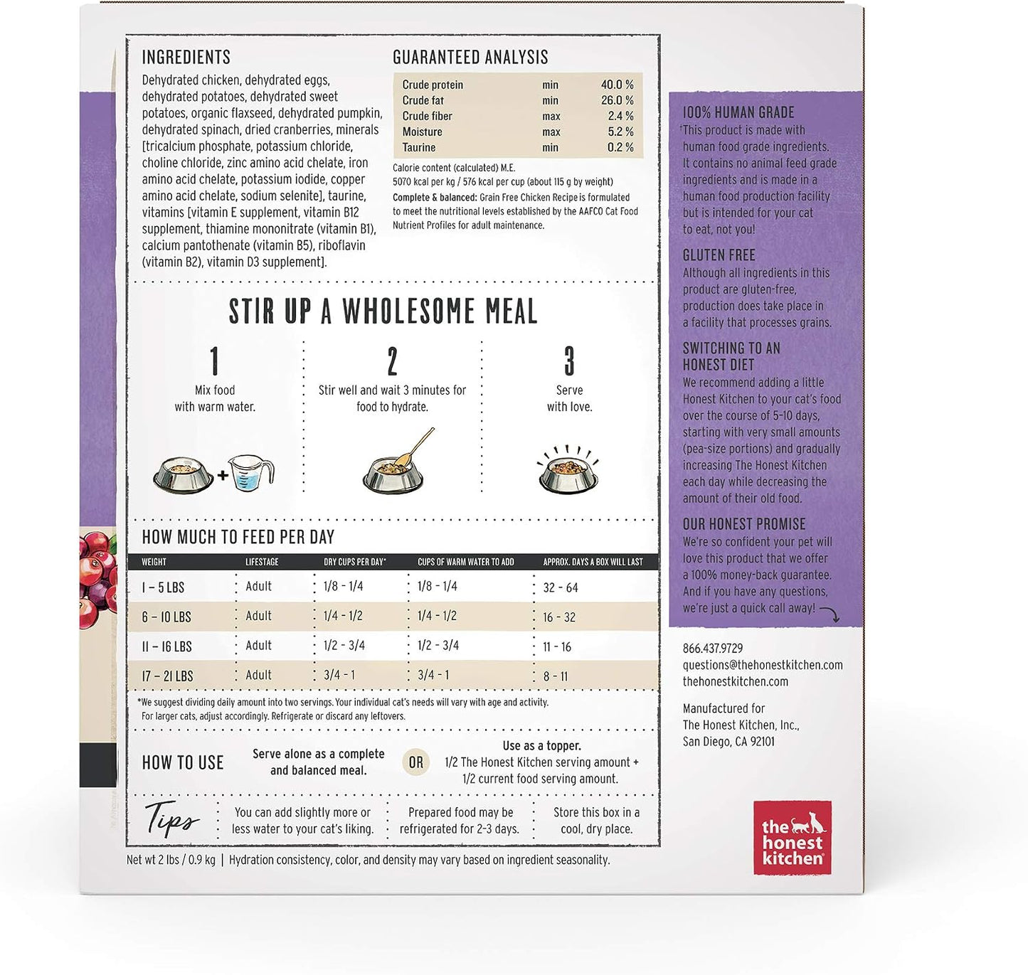 Honest Kitchen Prowl chicken recipe dehydrated cat food packaging details
