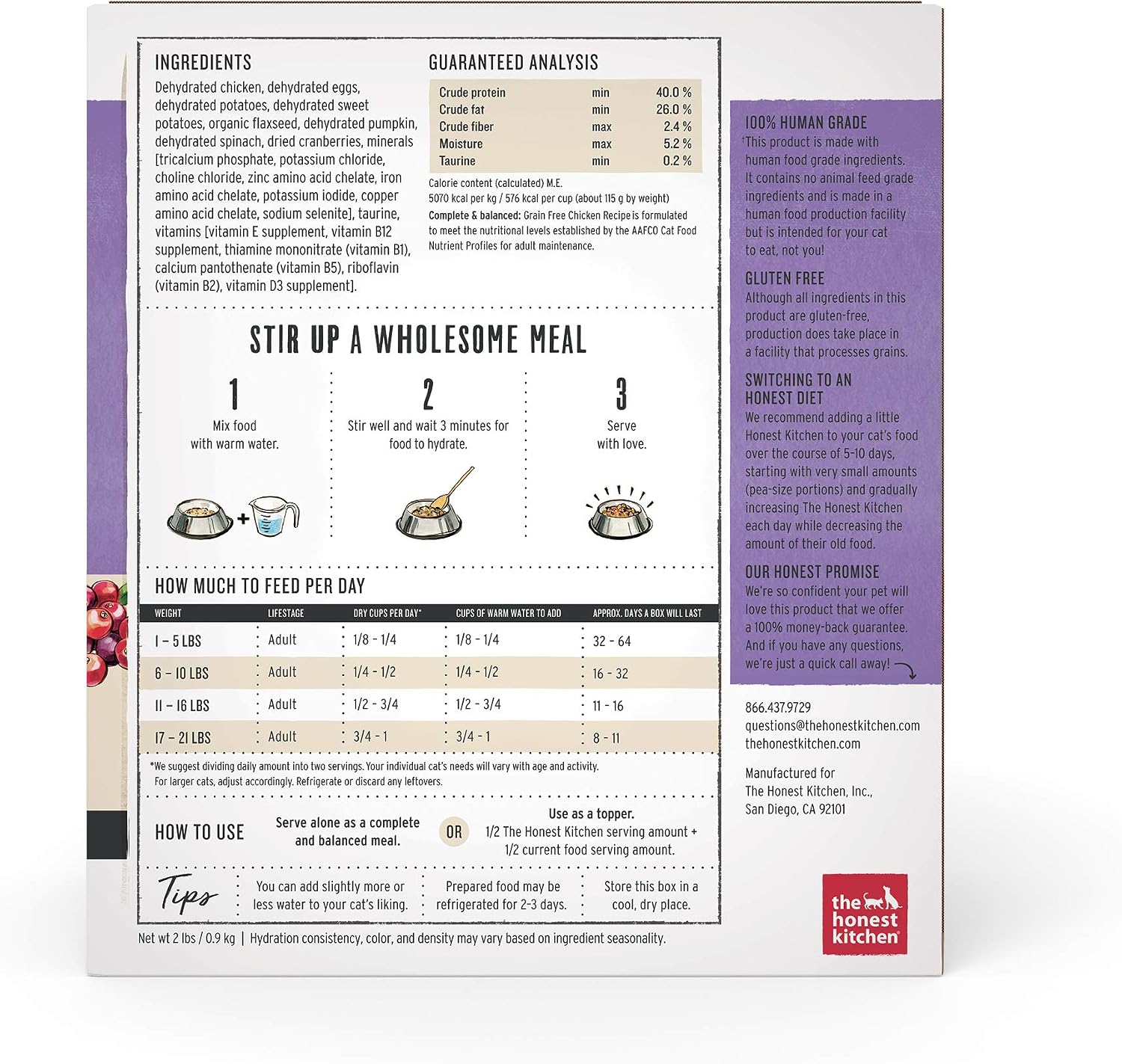 Honest Kitchen Prowl chicken recipe dehydrated cat food packaging details