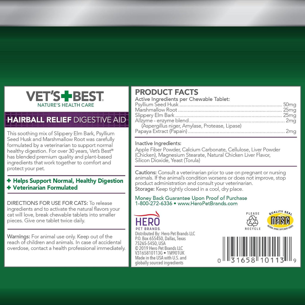 Vet's Best hairball support remedy chicken flavor supplement bottle showing ingredients