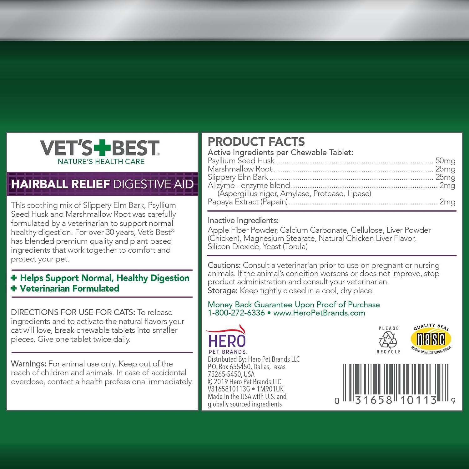 Vet's Best hairball support remedy chicken flavor supplement bottle showing ingredients