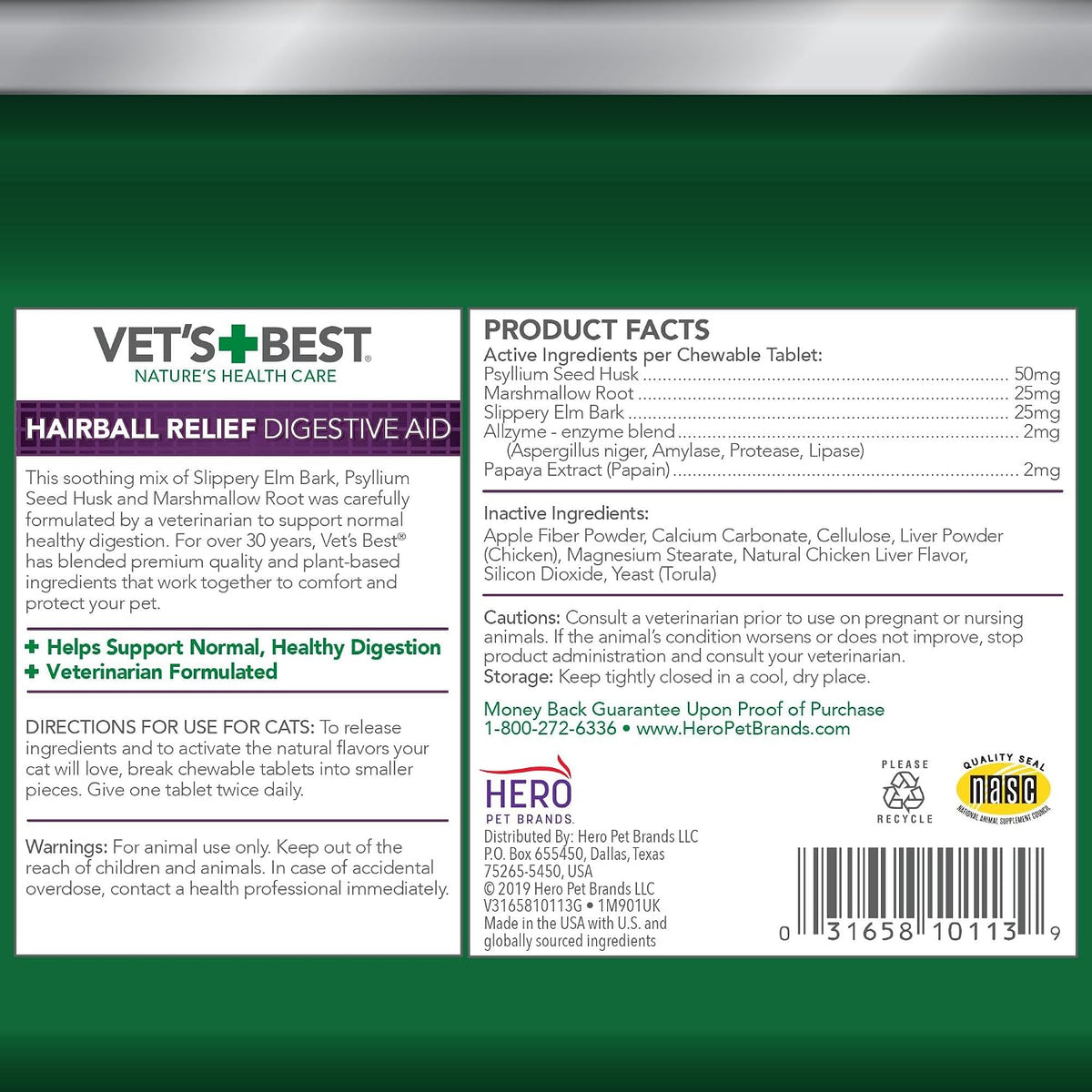 Vet's Best hairball support remedy chicken flavor supplement bottle showing ingredients