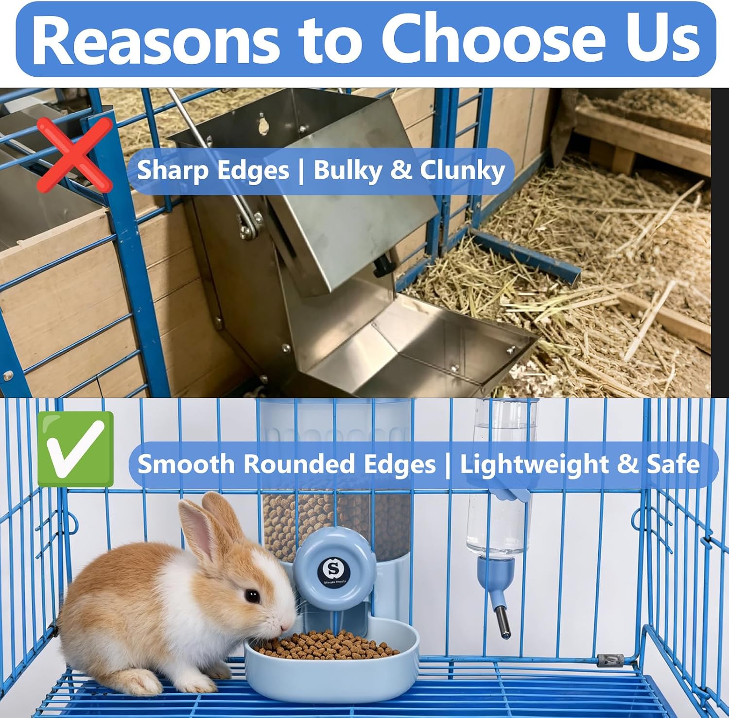 Sangle Sopffy Rabbit Feeder and Water Dispenser Set, Gravity Food Bowl with Water Bottle for Cage, Small Animal Feeding Station for Bunny, Guinea Pig, Chinchilla, Ferret, Hedgehog, Blue 2-Piece Set - Image 5