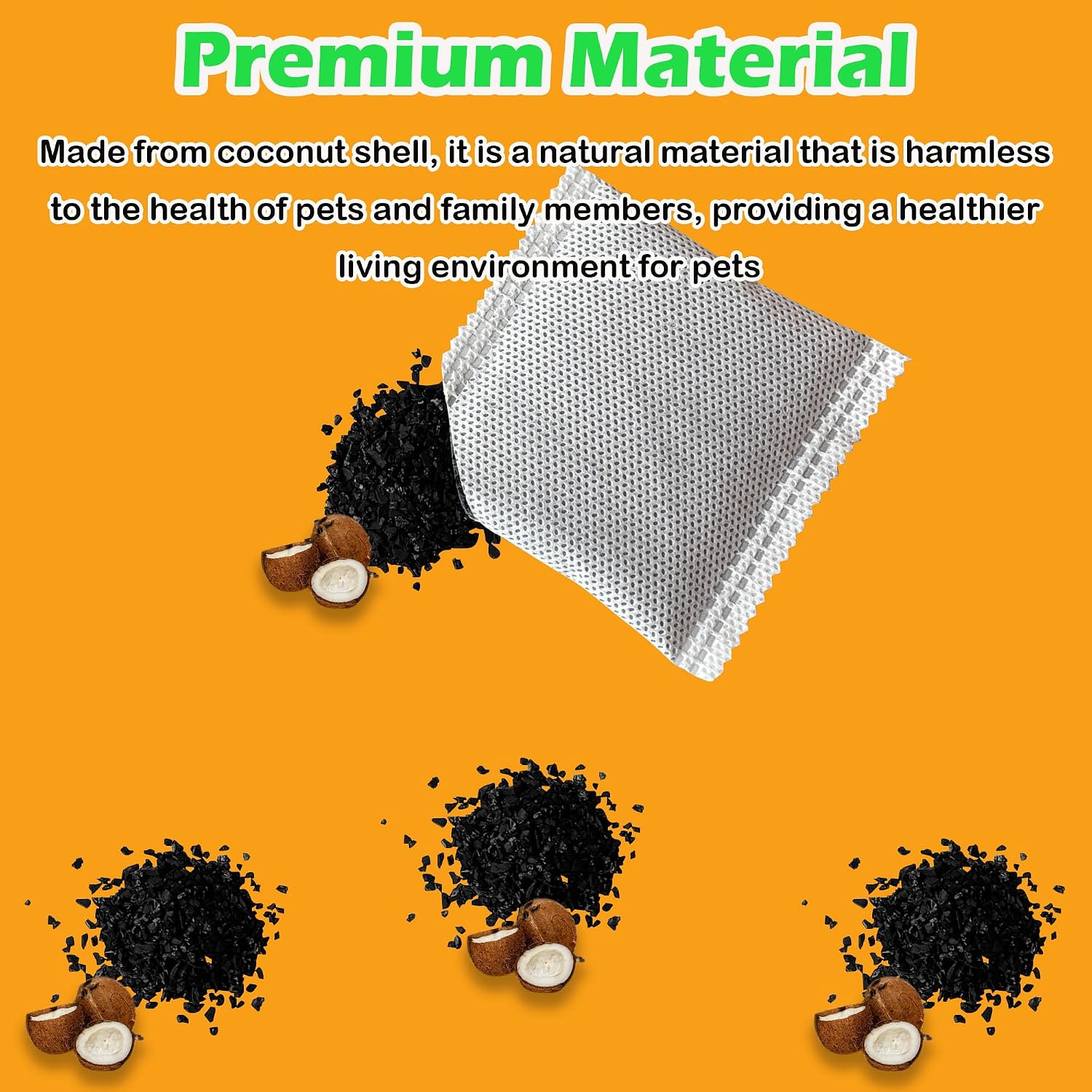 Natural coconut shell carbon filter pouches designed for self cleaning cat litter boxes.
