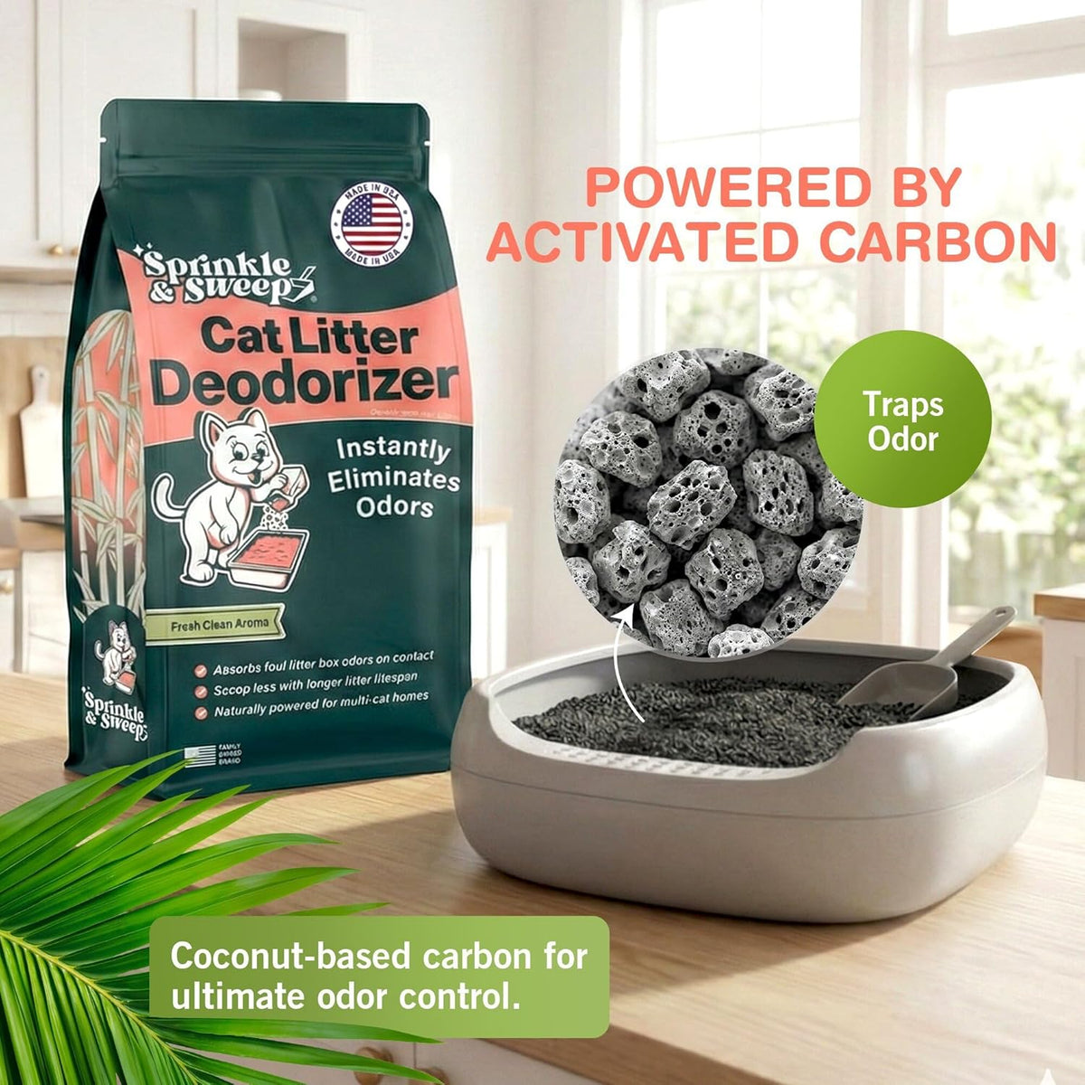 Natural coconut carbon pet deodorizer powder bag for kitten odor control