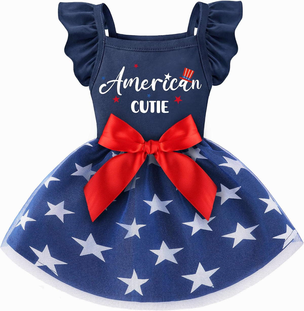 BAOBICUTE dog 4th of July dress front view featuring red bowknot