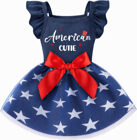 BAOBICUTE dog 4th of July dress front view featuring red bowknot