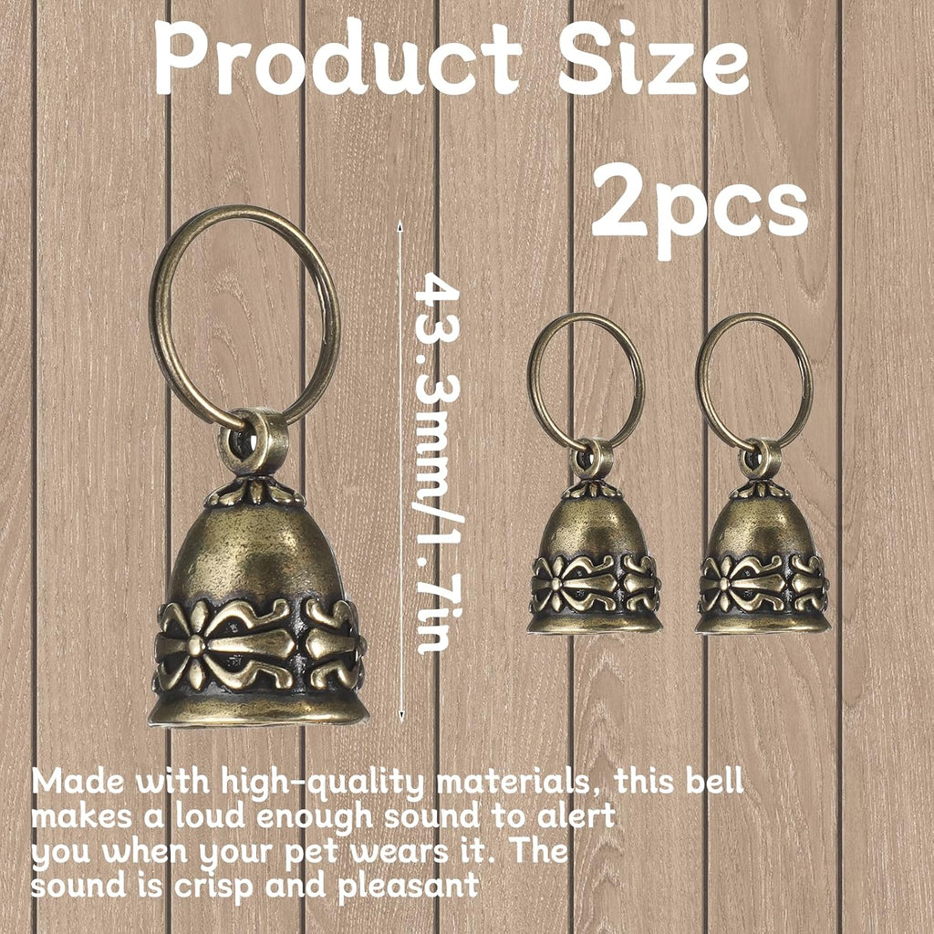 Two pack of retro brass pet tracking bells with heavy duty attachment keyrings.