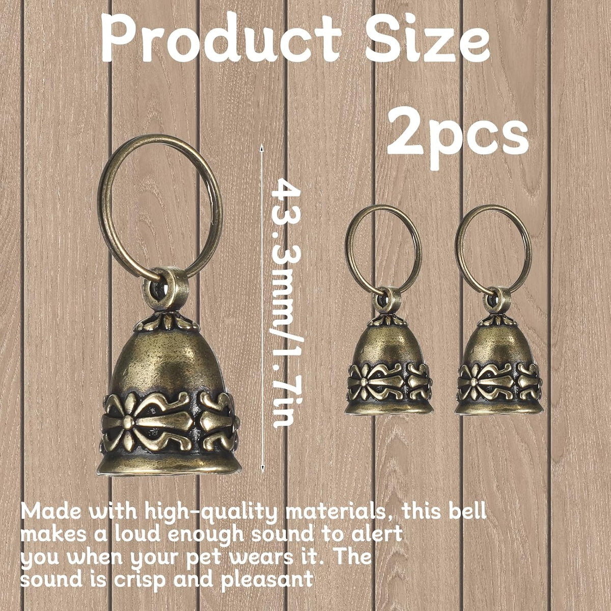 Two pack of retro brass pet tracking bells with heavy duty attachment keyrings.