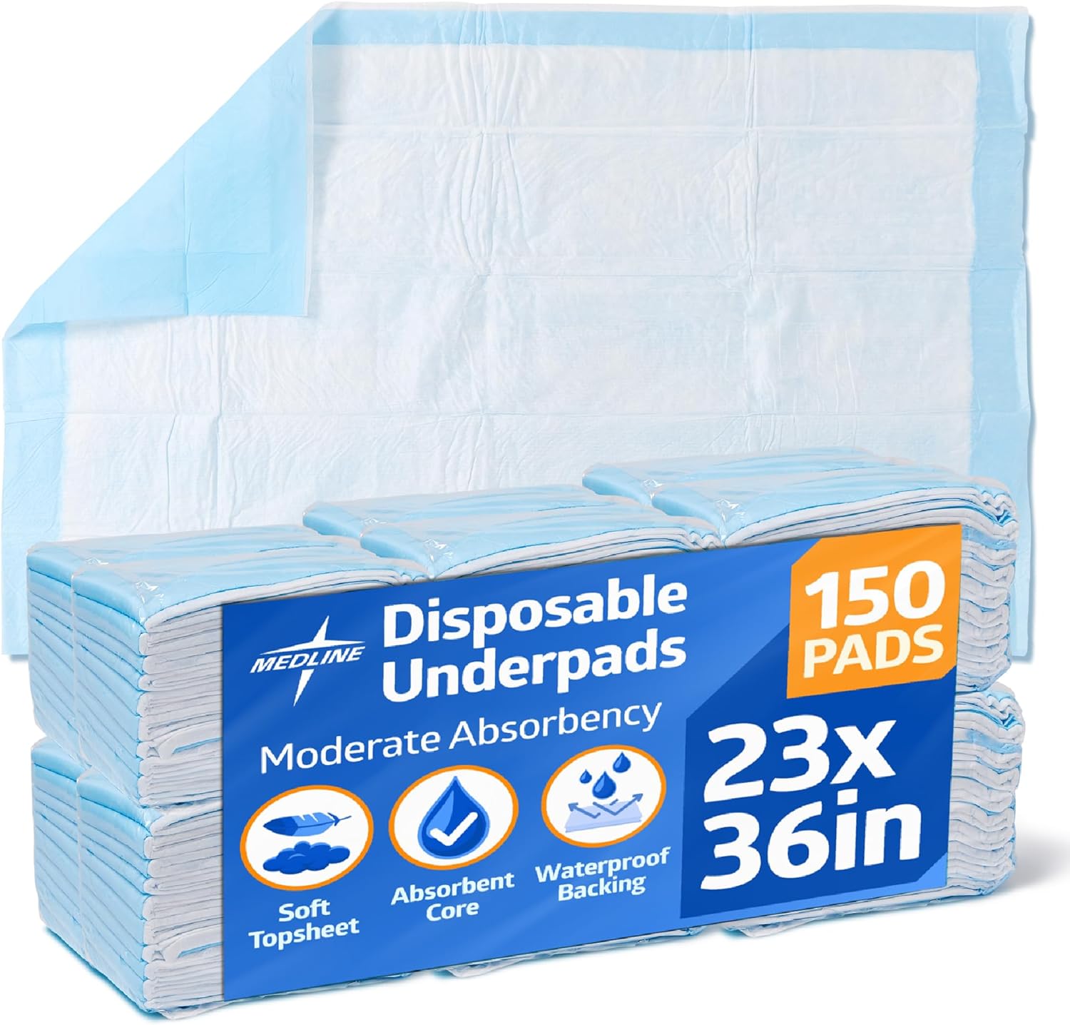 Medline moderate absorbency underpads pack front view for medical surface protection.