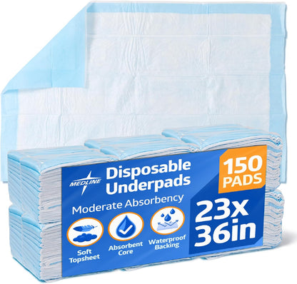 Medline moderate absorbency underpads pack front view for medical surface protection.