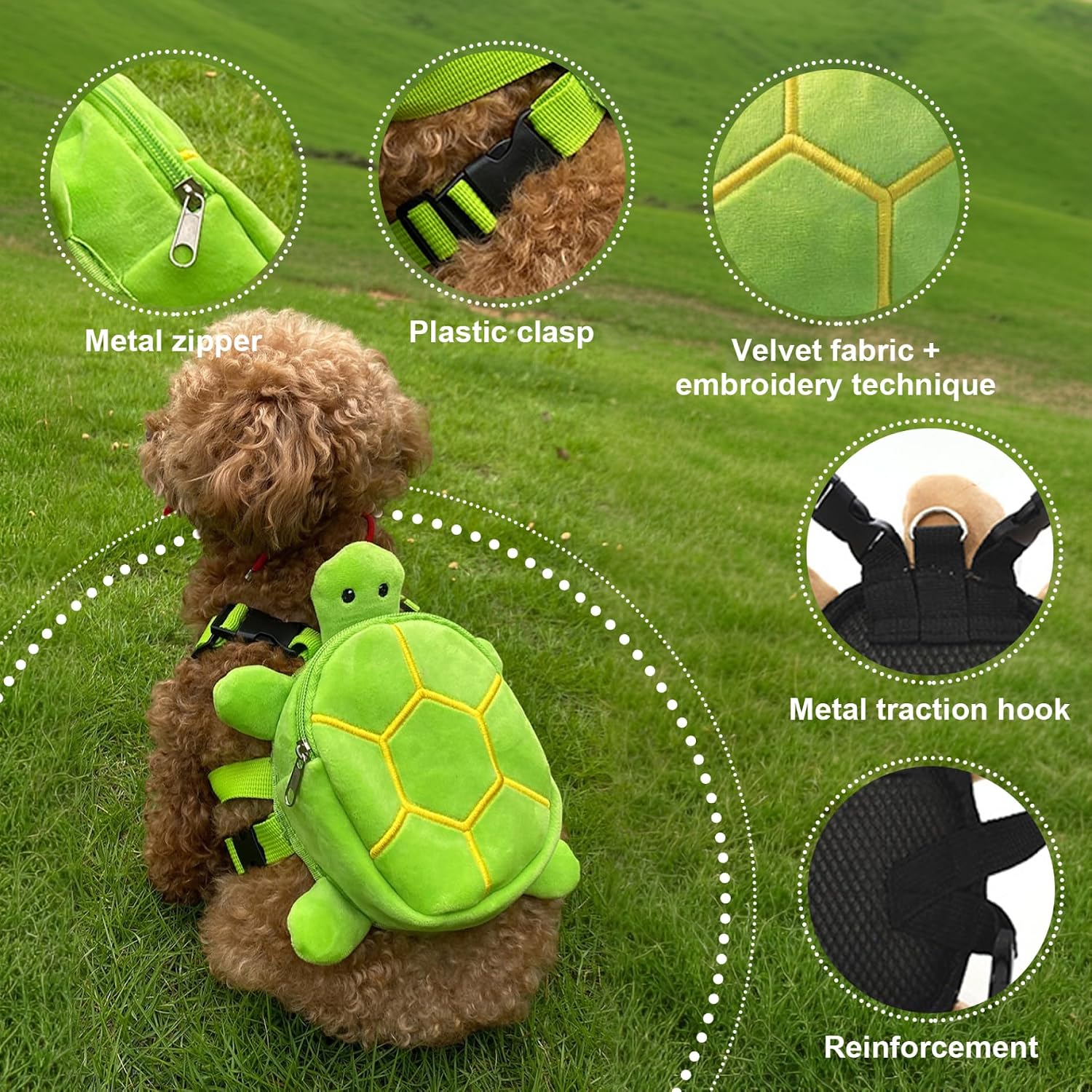 Rear perspective of the breathable mesh lining on the green doggy self carrier travel harness