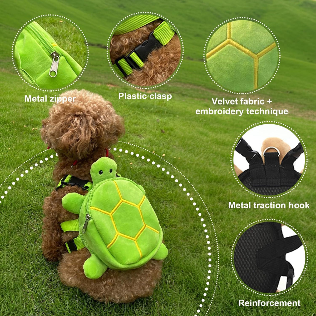 Rear perspective of the breathable mesh lining on the green doggy self carrier travel harness