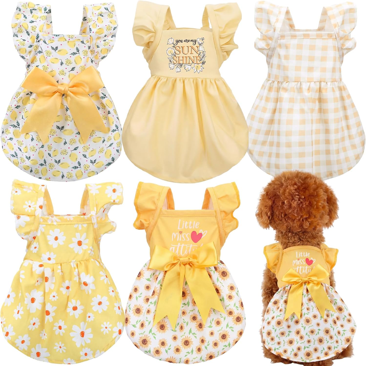 Abbylike 5 Pcs Dog Dress front view showcasing vibrant yellow summer patterns.