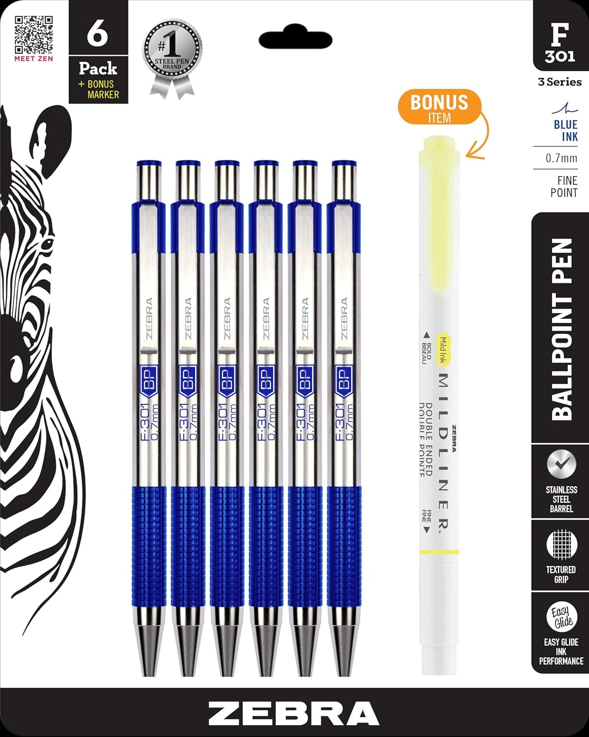 Zebra Pen F-301 Ballpoint Blue Ink Fine Point 0.7mm Pen, Easy-Glide Ink, Stainless Steel Retractable, Non-Slip Grip, Professional Design, Ideal for Office, Journal and Planner Use, 2-Pack (27122) - Image 14