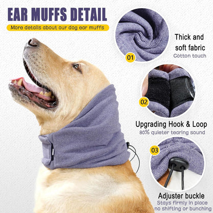 Dog wearing purple Meifsou calming hood for anxiety