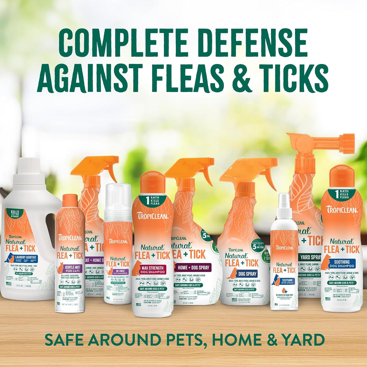 Side view of TropiClean thirty two ounce flea tick and mosquito control spray bottle for domestic cats.