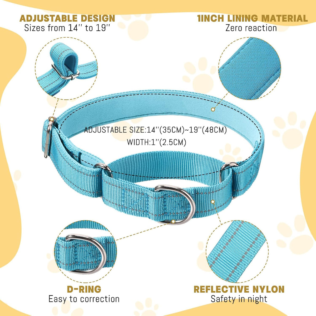 Reflective nylon dog training collar with durable stainless steel metal buckle