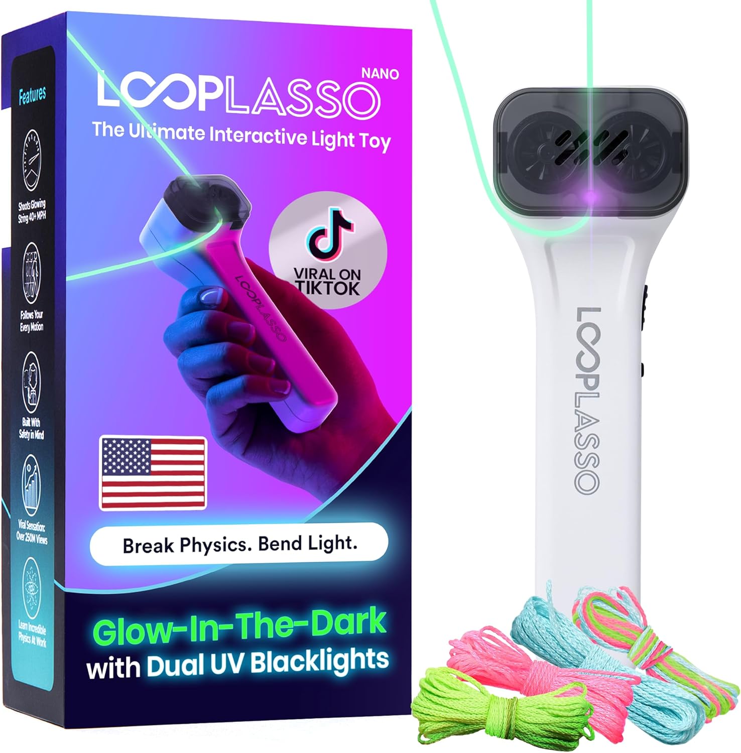 Loop Lasso Nano string shooter toy front view showing premium white finish and compact design.