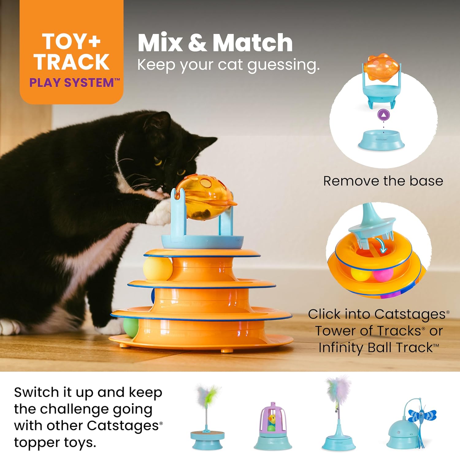 Close up of the orange spinning fish mechanism on the Catstages interactive pet toy.
