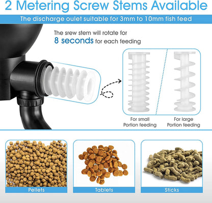 Side view of the automatic Koi fish feeding machine mounted securely on flat ground.