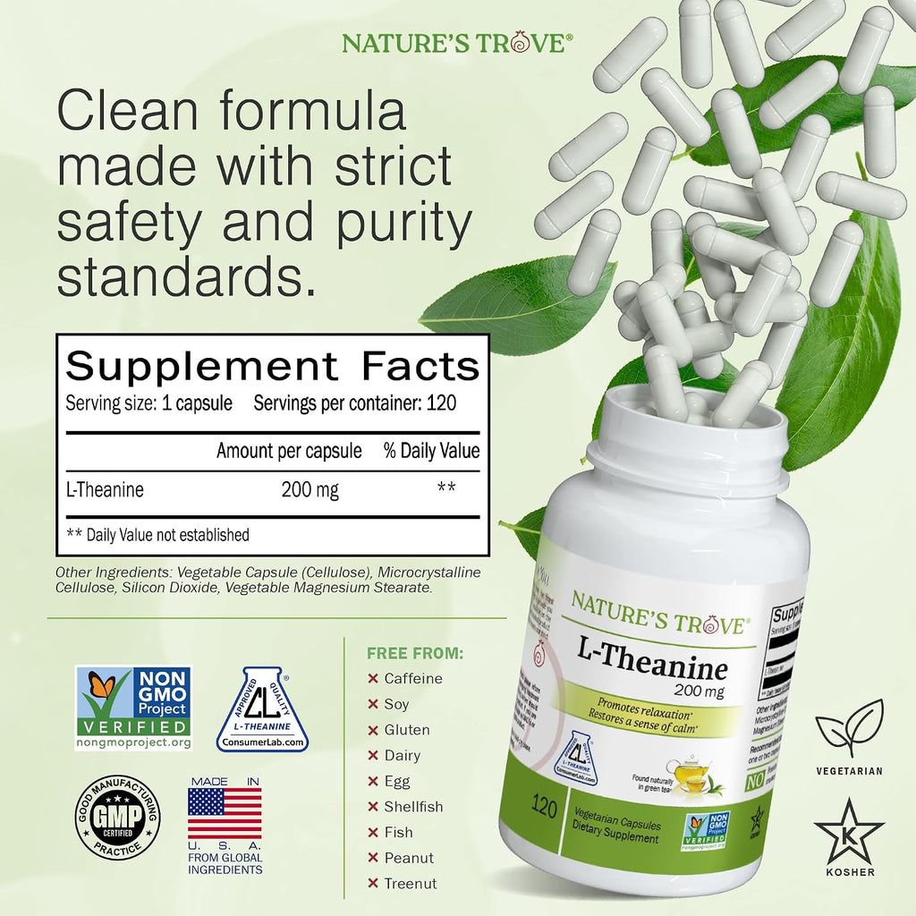 Close-up view of Nature's Trove L-Theanine capsule count and potency details