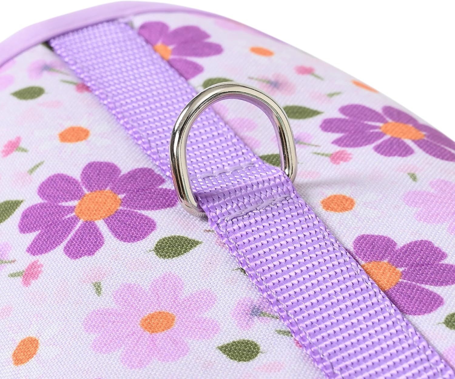Stainless steel D-ring on Mile High Life floral harness