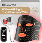 INIA red light therapy mask front view showcasing the black and gold ergonomic design.