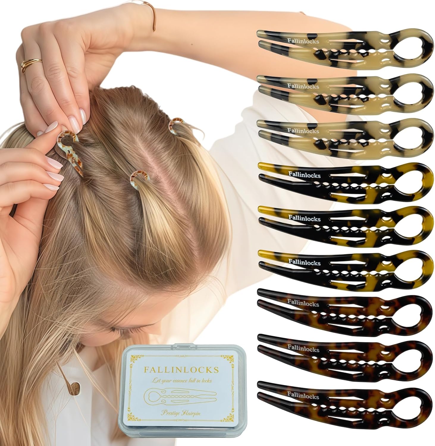Jimmidy Fallinlocks Prestige French Hair Pins front view displaying the nine pack set in classic tortoise shell finish.