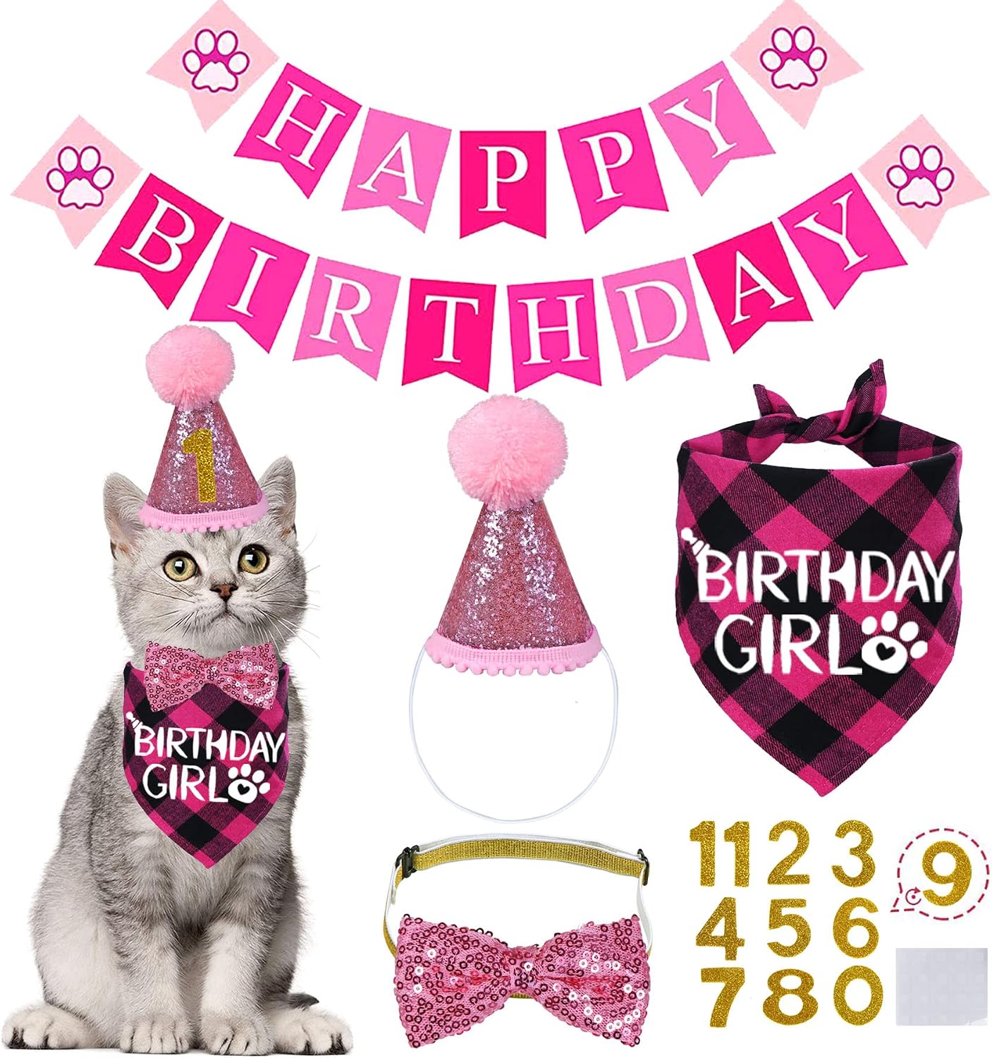 STMK Cat Birthday Decorations, Cat Birthday Hat with Number Bandana Bow Tie Collar for Cats Kittens Apparel Birthday Outfits - Image 9