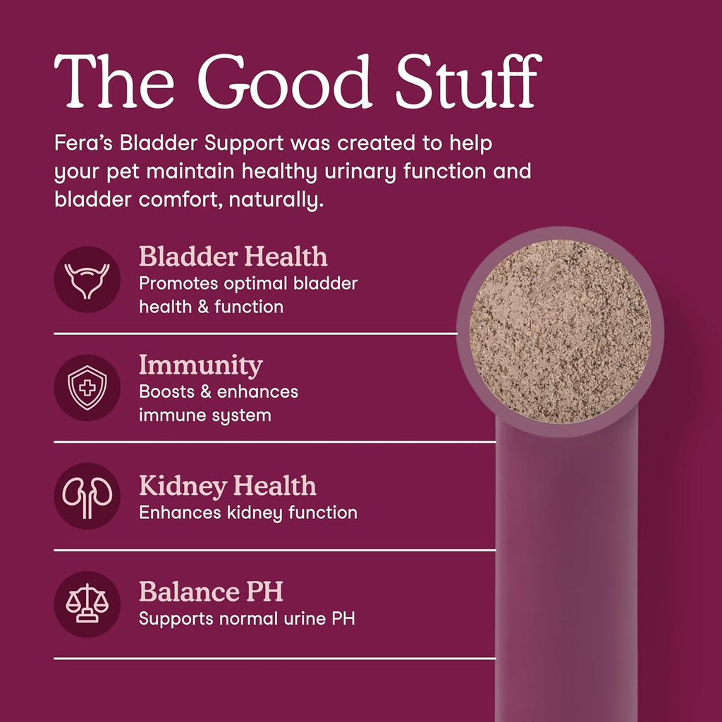 Fera Pet Organics Bladder Support supplement jar with 60 scoops