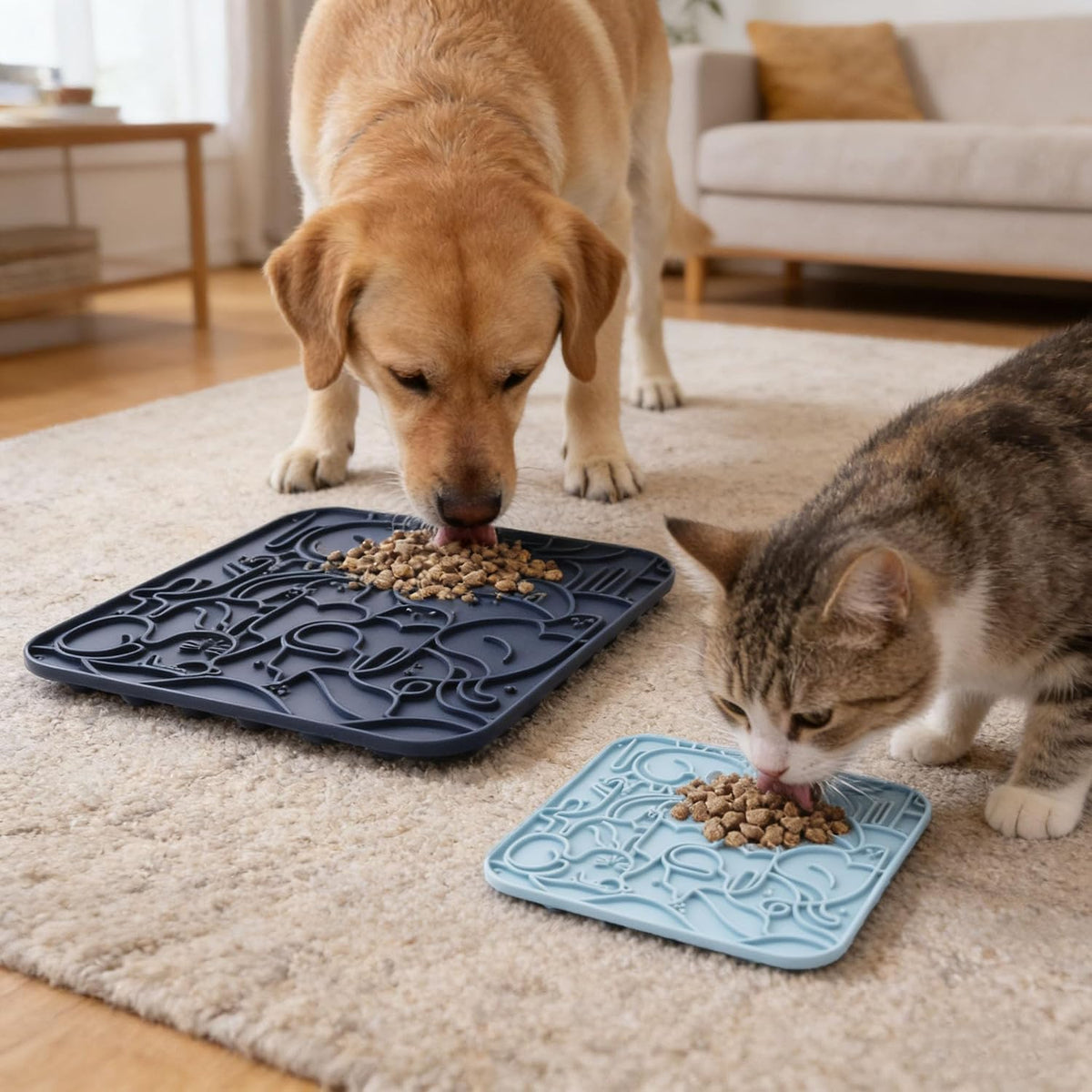 Close up of the 3D interactive maze patterns on the premium slow feeder pad for dogs.
