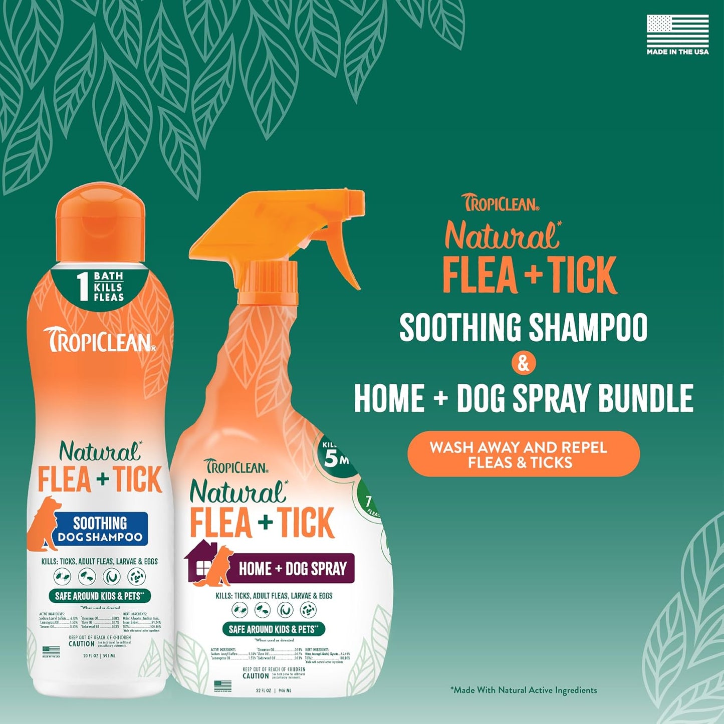 TropiClean maximum strength dog shampoo bottle showing natural essential oil ingredients