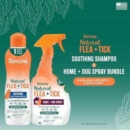 TropiClean maximum strength dog shampoo bottle showing natural essential oil ingredients