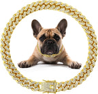 Goetltsch Cuban link gold dog collar front view featuring premium crystal embellishments and secure buckle closure.