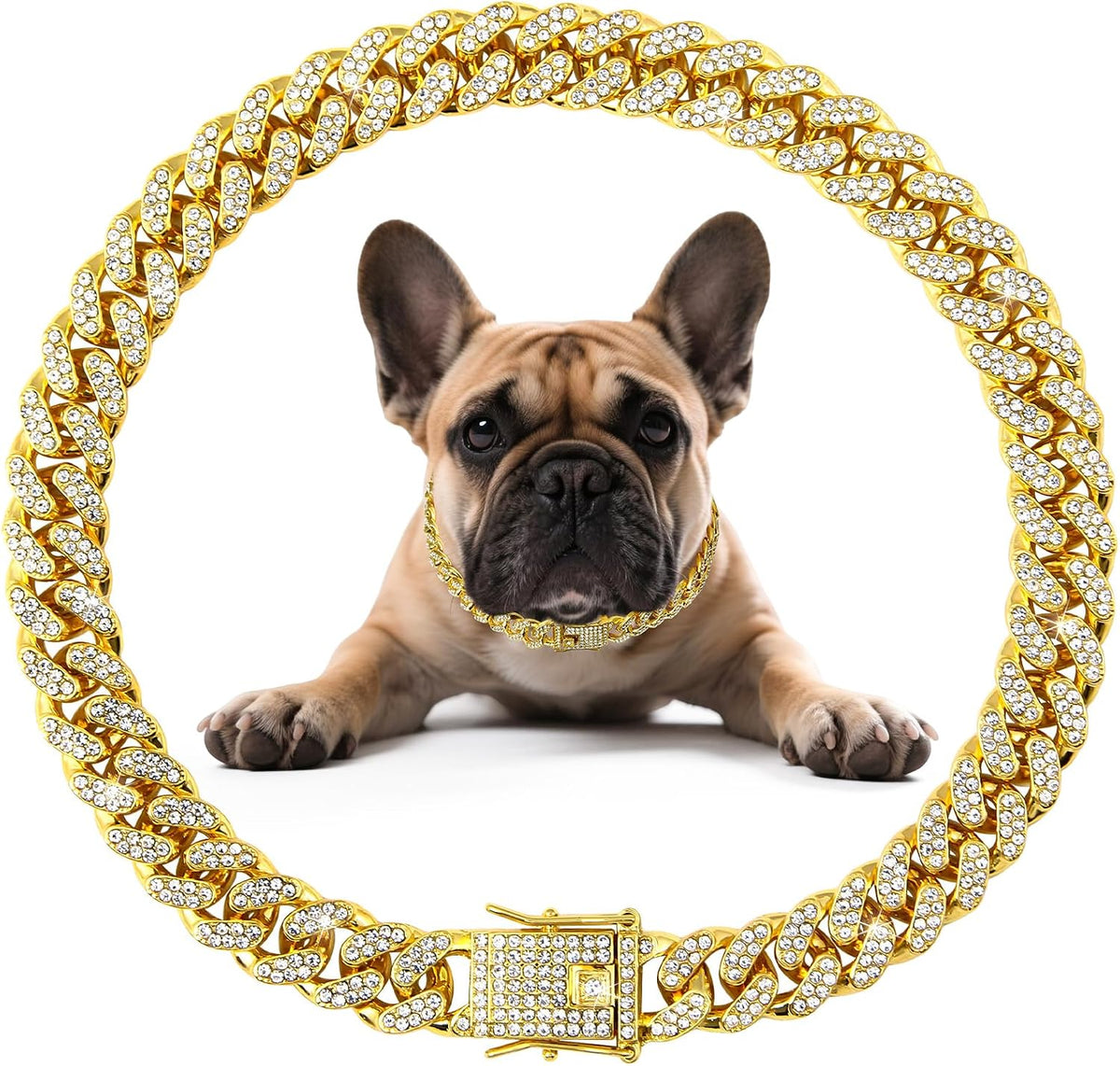 Goetltsch Cuban link gold dog collar front view featuring premium crystal embellishments and secure buckle closure.