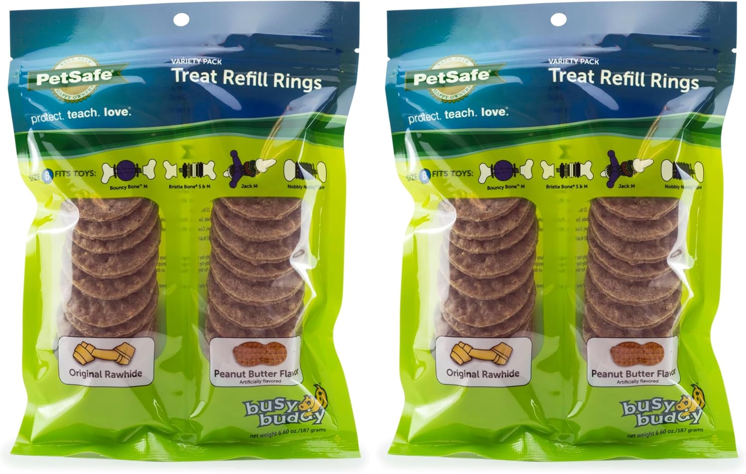 Original and peanut butter flavored PetSafe Busy Buddy rings