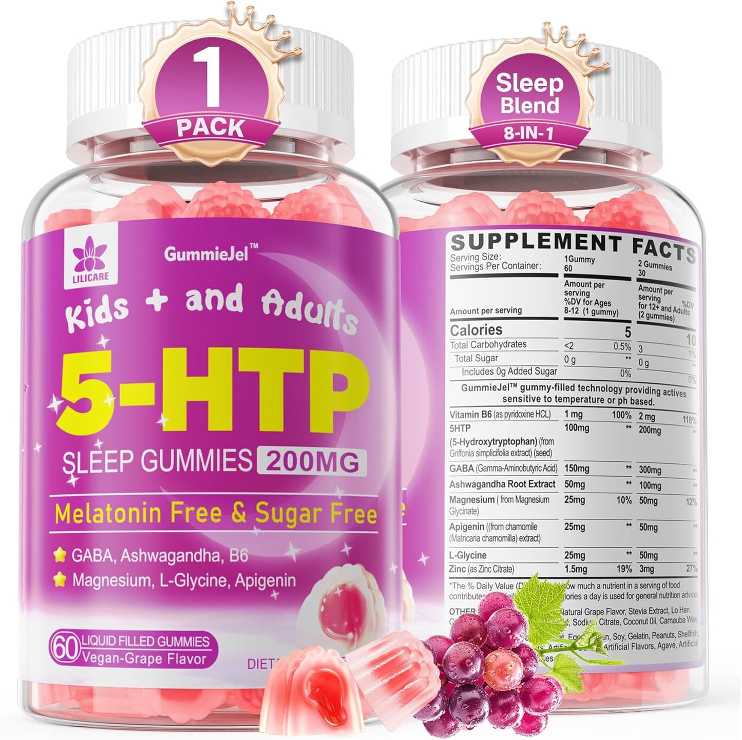 Lilicare 5HTP Gummies 60 count bottle front view for sleep support.