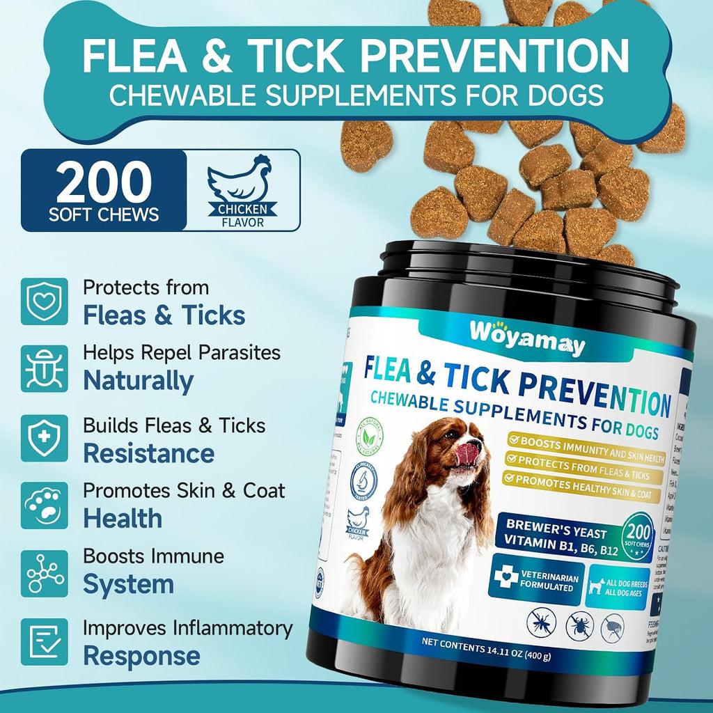Woyamay natural dog flea and tick oral supplement bottle with chicken flavor label.