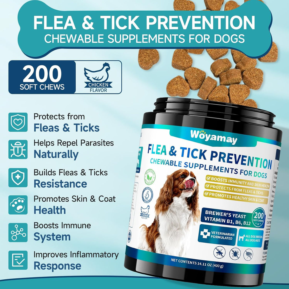 Woyamay natural dog flea and tick oral supplement bottle with chicken flavor label.