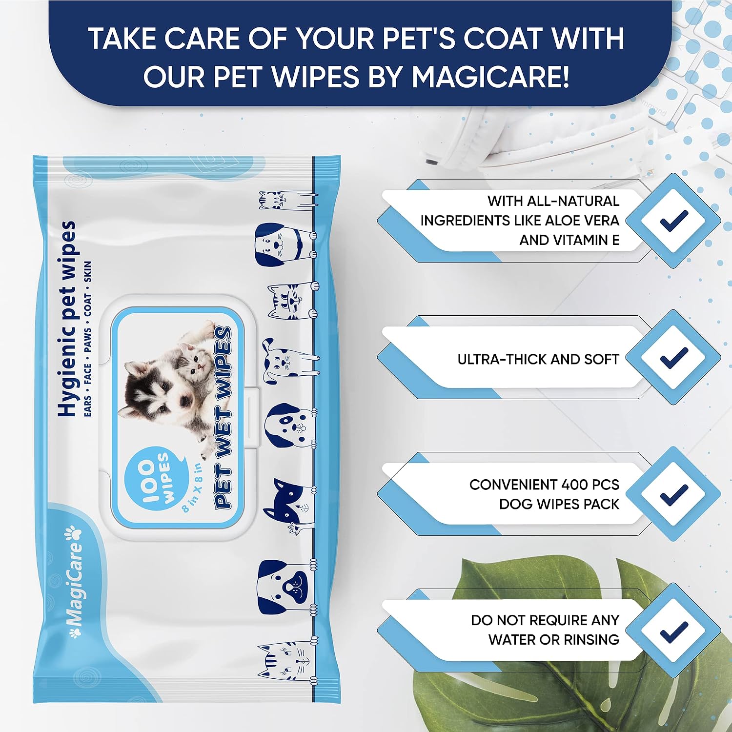 Magicare hypoallergenic dog wipes for cleaning muddy paws after walks.