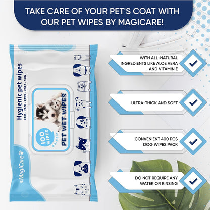 Magicare hypoallergenic dog wipes for cleaning muddy paws after walks.