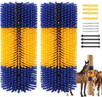 Generic livestock scratching brush front view showing blue and yellow nylon bristles