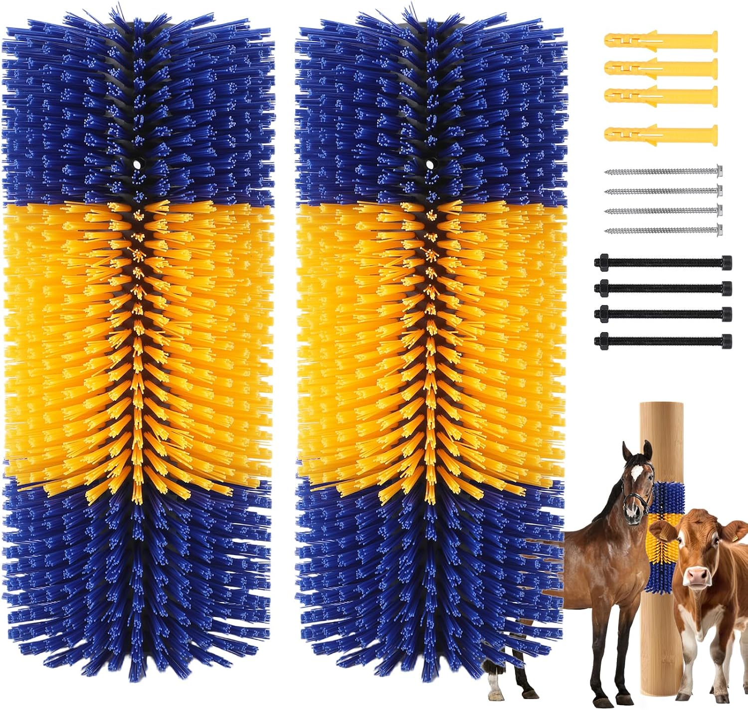Generic livestock scratching brush front view showing blue and yellow nylon bristles