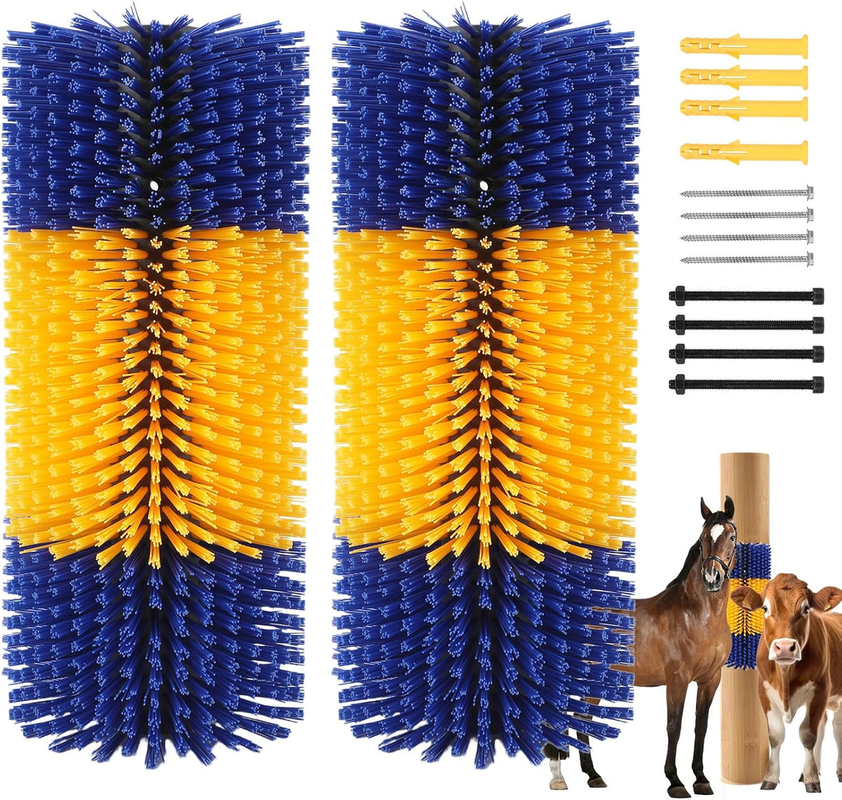 Generic livestock scratching brush front view showing blue and yellow nylon bristles