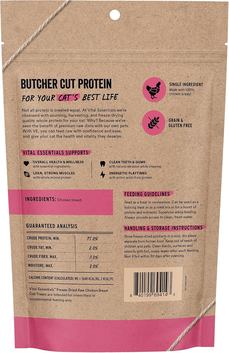 Close up of Vital Essentials single ingredient chicken treats for cats