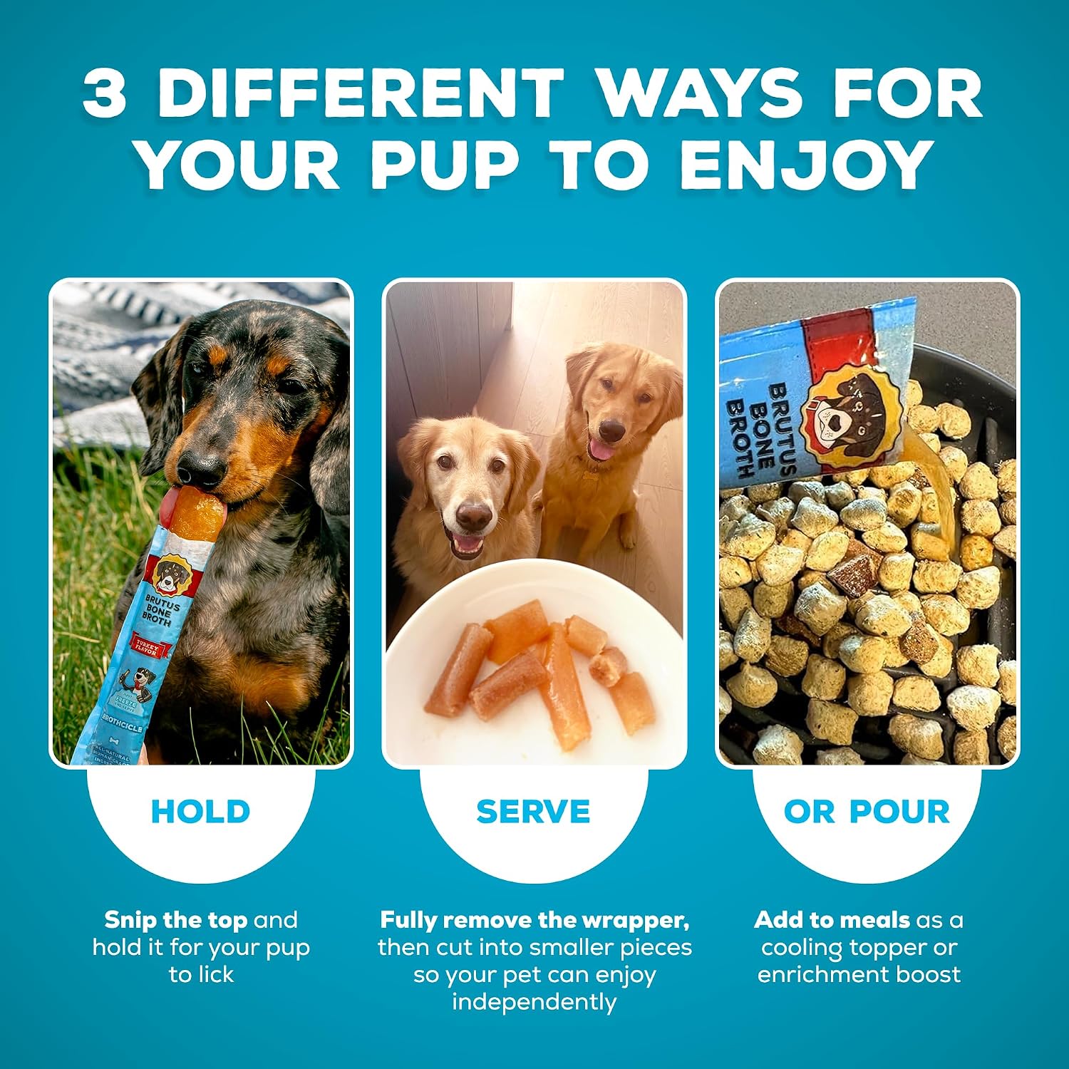 Brutus Broth puppy popsicle treats displaying gluten free and soy free product badges.