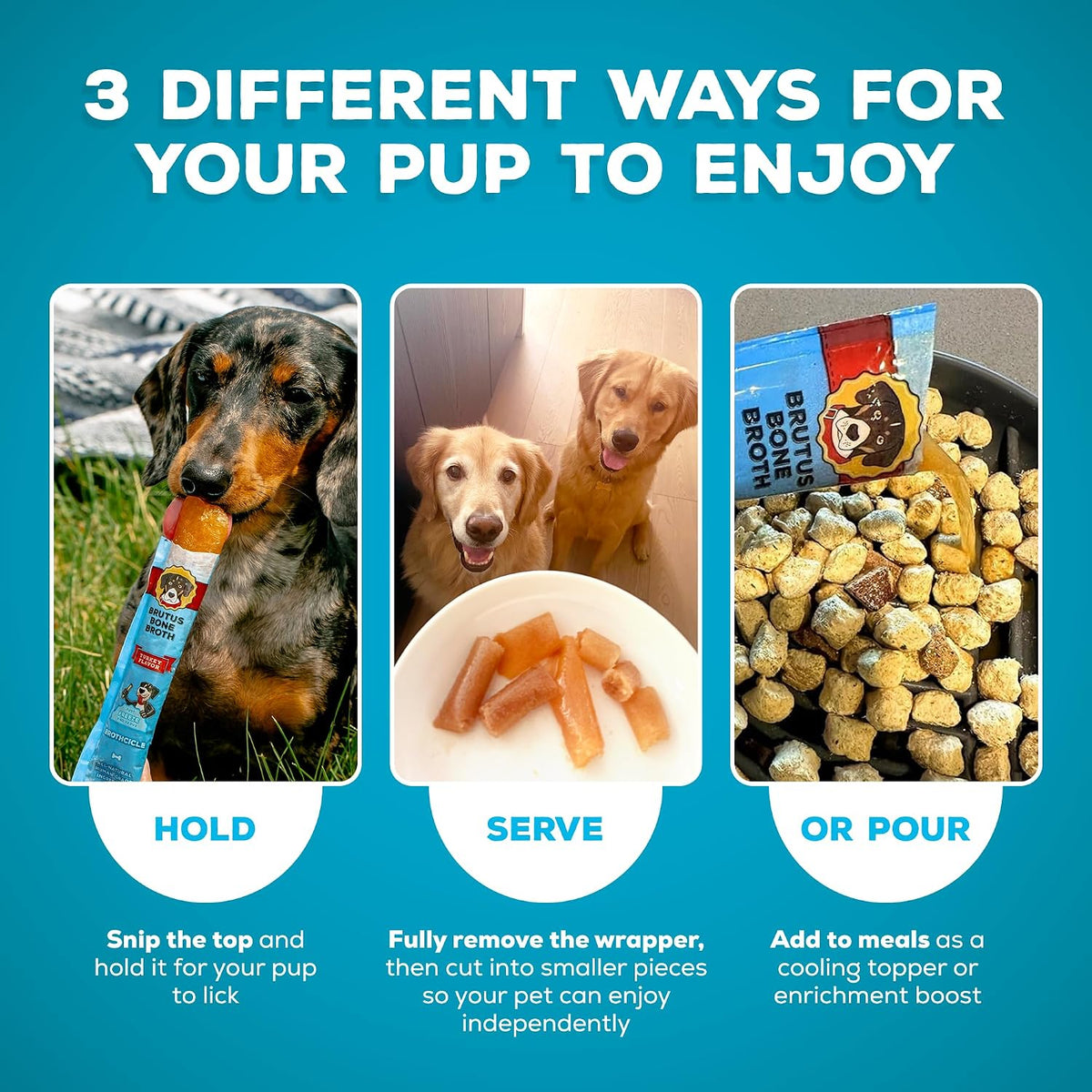Brutus Broth puppy popsicle treats displaying gluten free and soy free product badges.